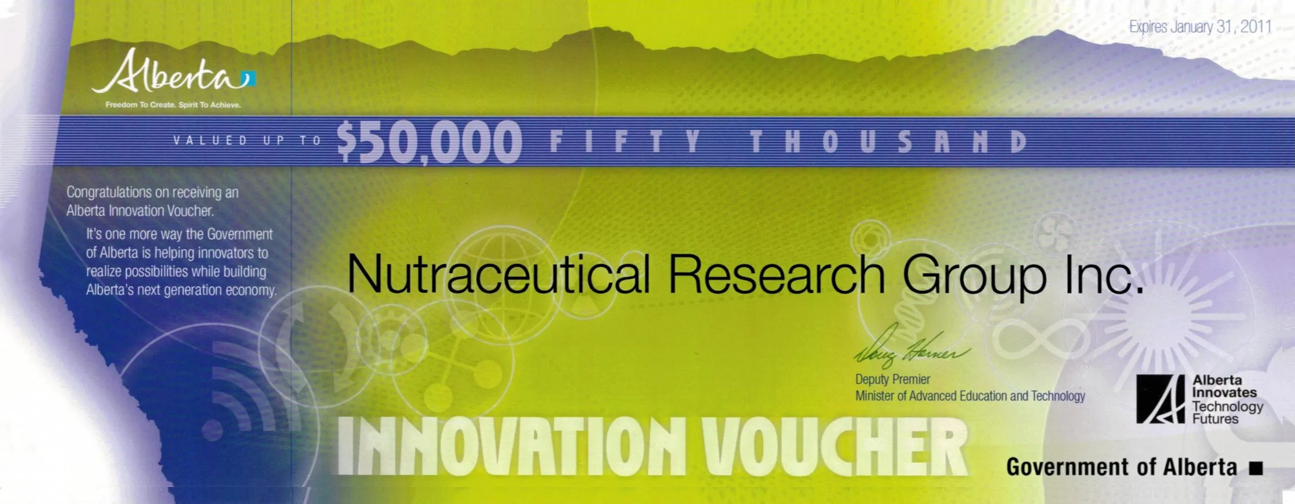 Alberta Innovation Voucher issued to Nutraceutical Research Group Inc., valued up to $50,000, from the Government of Alberta and Alberta Innovates Technology Futures. Printed expiry: January 31, 2011.